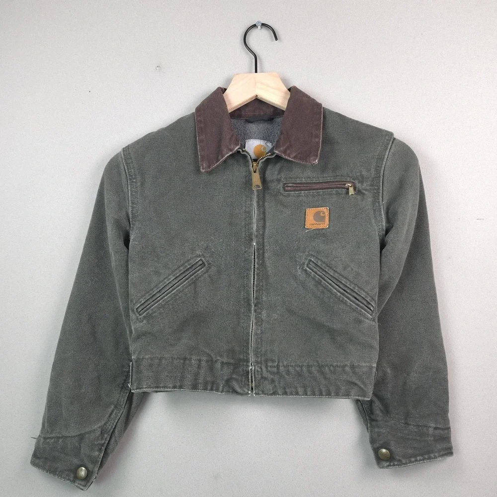 Carhartt Detroit Jacket Kids 6/7 Green Blanket Lined Chore Coat Brown Collar Y2K